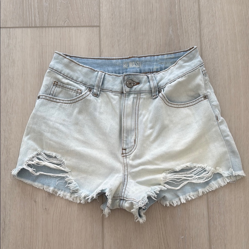 High waist Light Blue Distressed Denim Shorts